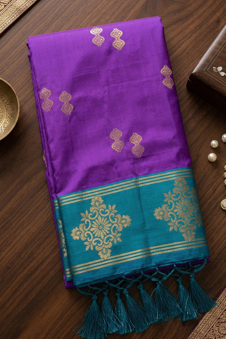 Weaving Work On Purple Banarasi Soft Silk Saree | Buy Online India