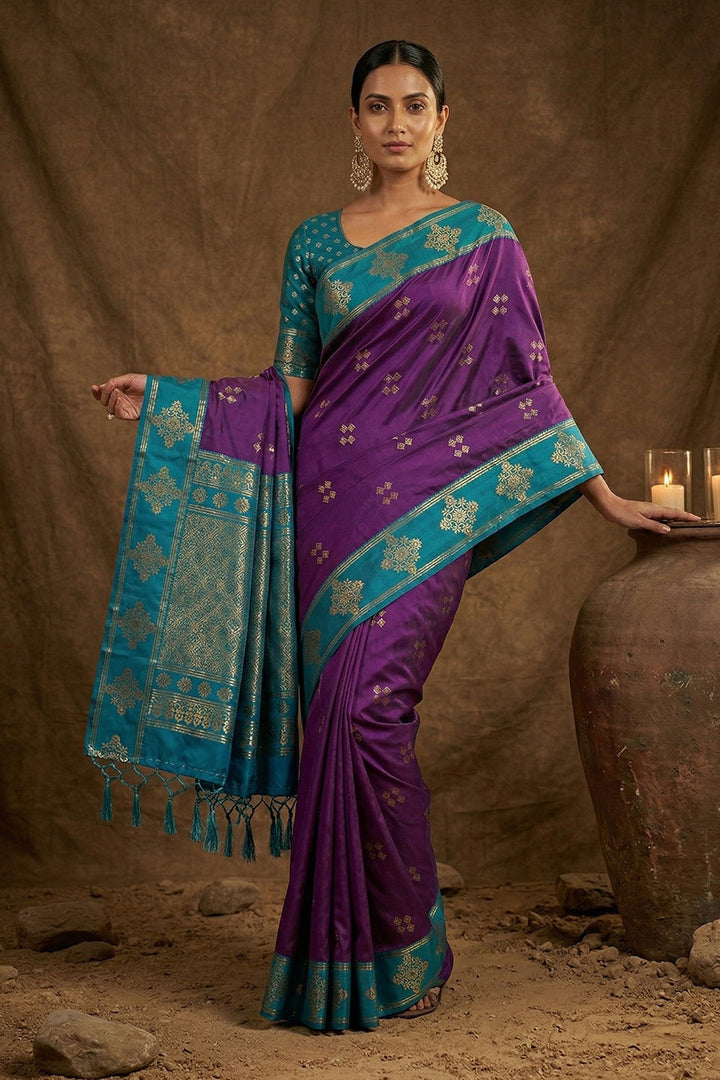Weaving Work On Purple Banarasi Soft Silk Saree | Buy Online India