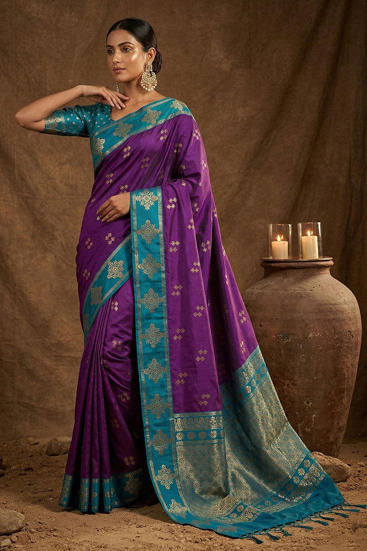 Weaving Work On Purple Banarasi Soft Silk Saree | Buy Online India