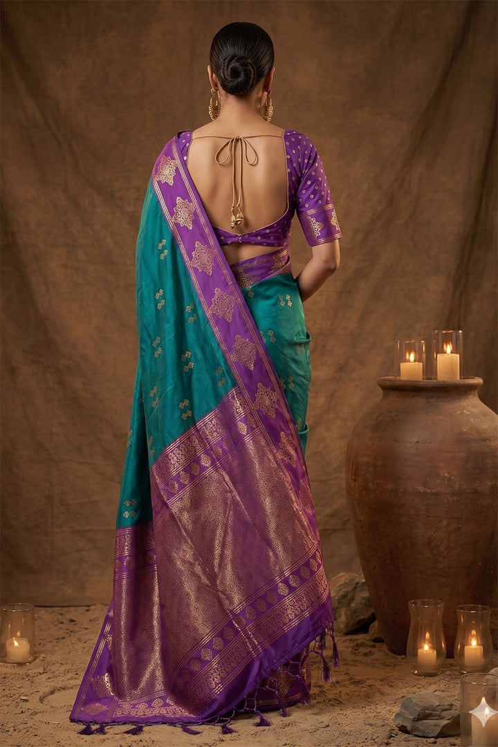 Trendy Teal Color Banarasi Soft Silk Saree With Weaving Work | Buy Online India