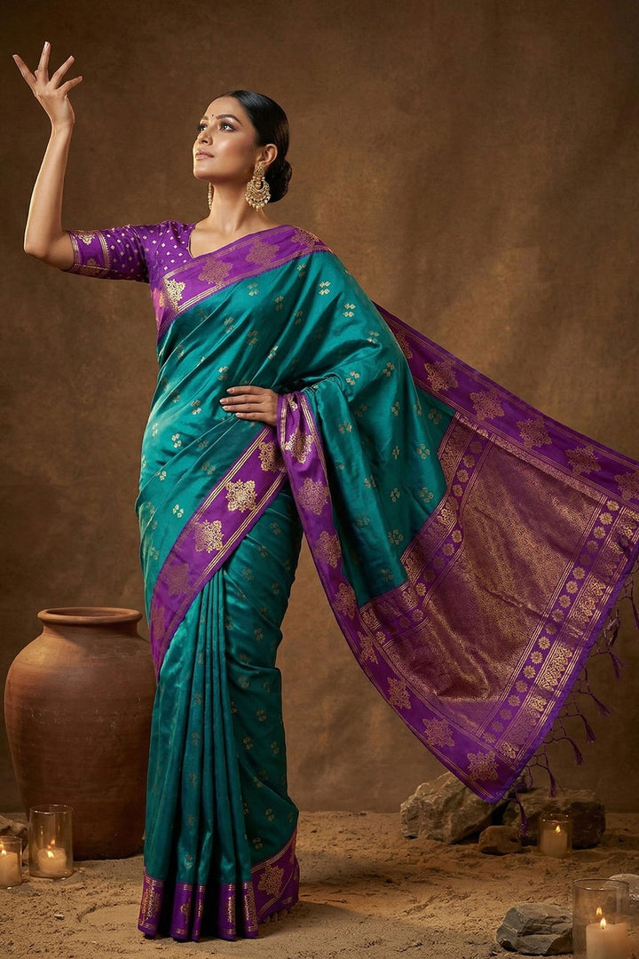 Trendy Teal Color Banarasi Soft Silk Saree With Weaving Work | Buy Online India