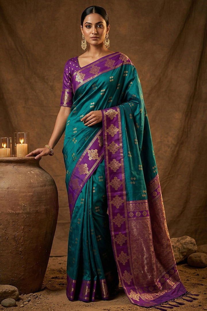 Trendy Teal Color Banarasi Soft Silk Saree With Weaving Work | Buy Online India