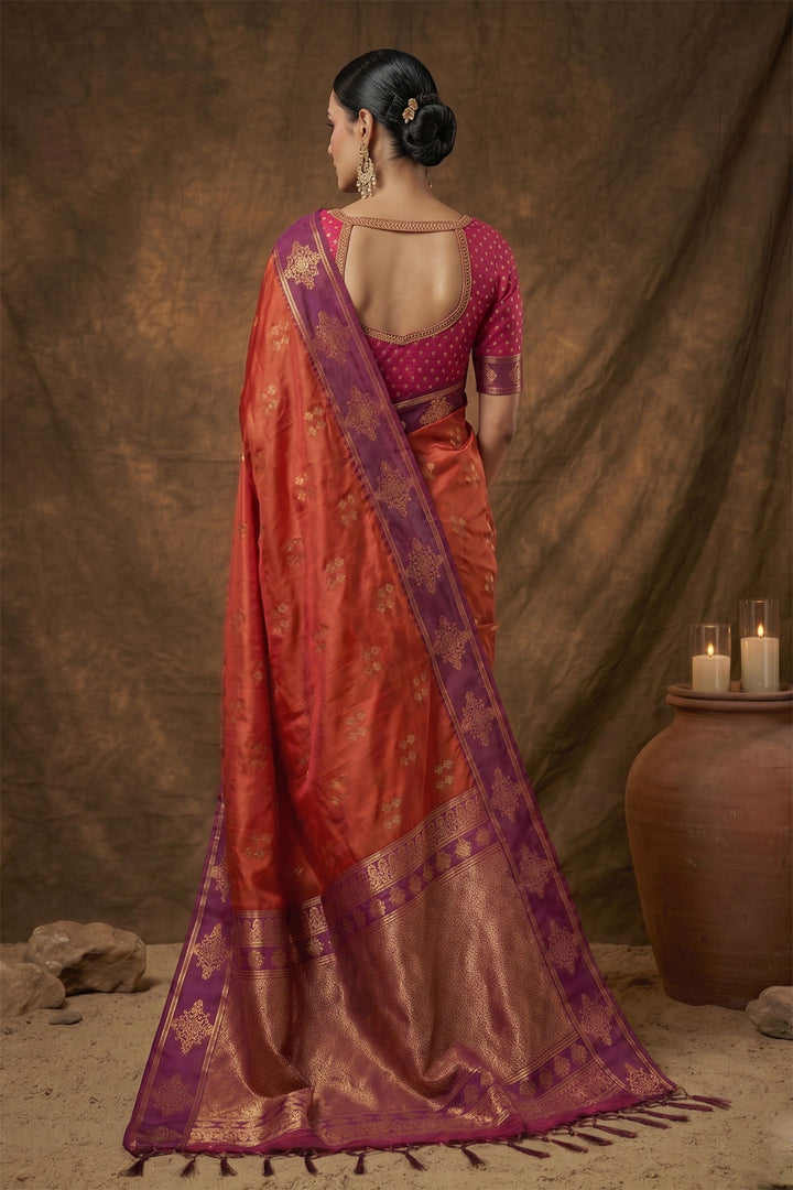 Exclusive Weaving Work On Orange Banarasi Soft Silk Saree | Buy Online India