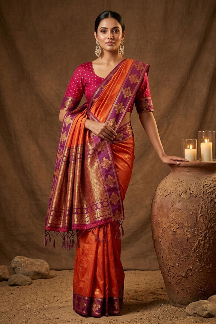 Exclusive Weaving Work On Orange Banarasi Soft Silk Saree | Buy Online India