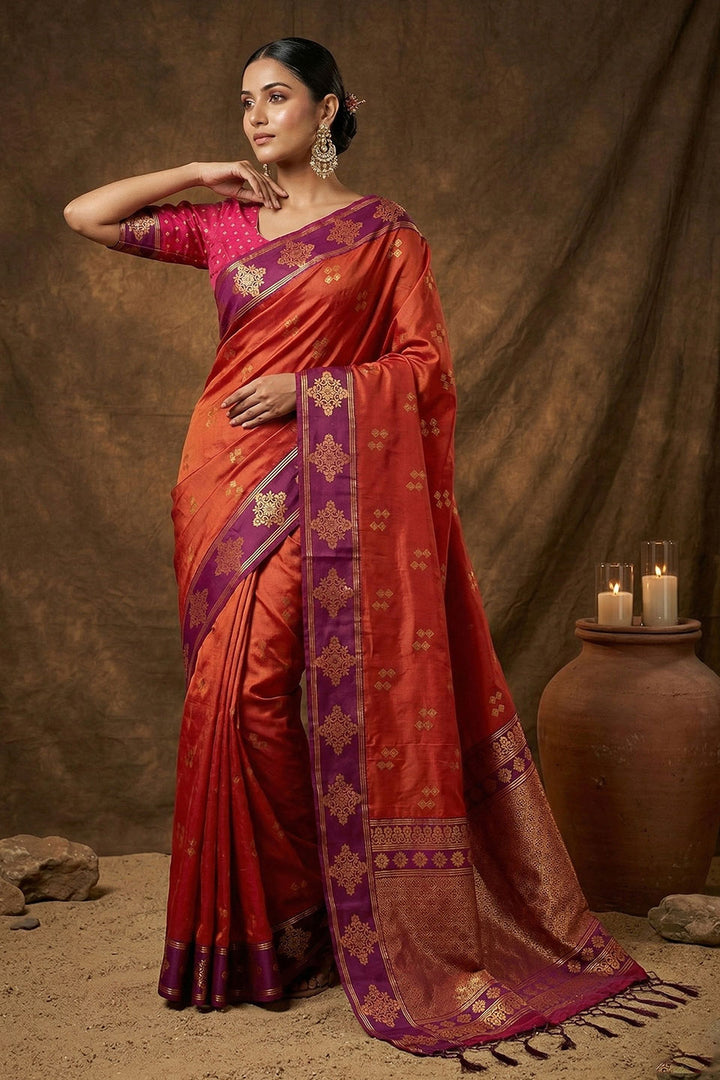 Exclusive Weaving Work On Orange Banarasi Soft Silk Saree | Buy Online India