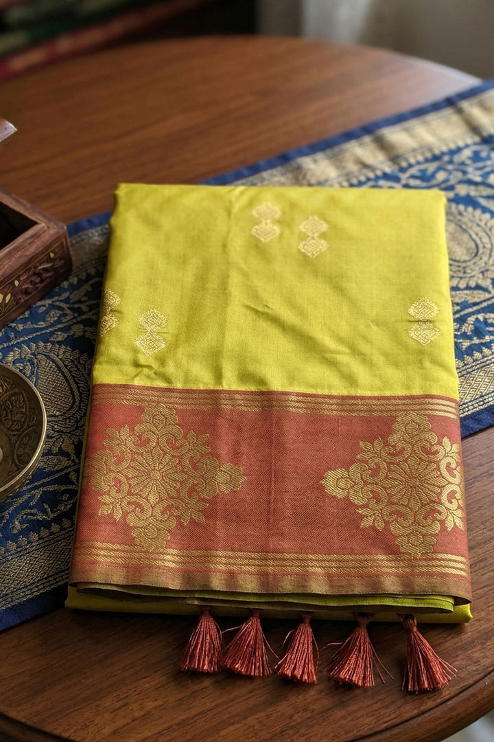Mustard Weaving Work Banarasi Soft Silk Saree | Buy Online India
