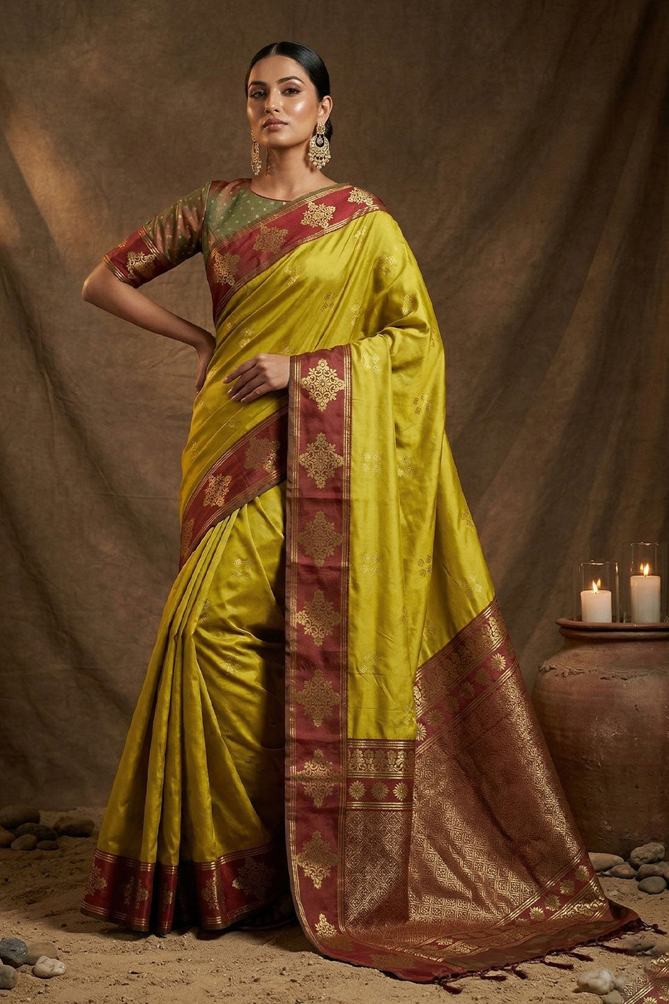 Mustard Weaving Work Banarasi Soft Silk Saree | Buy Online India
