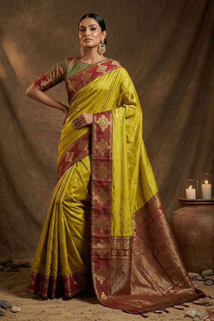Mustard Weaving Work Banarasi Soft Silk Saree | Buy Online India