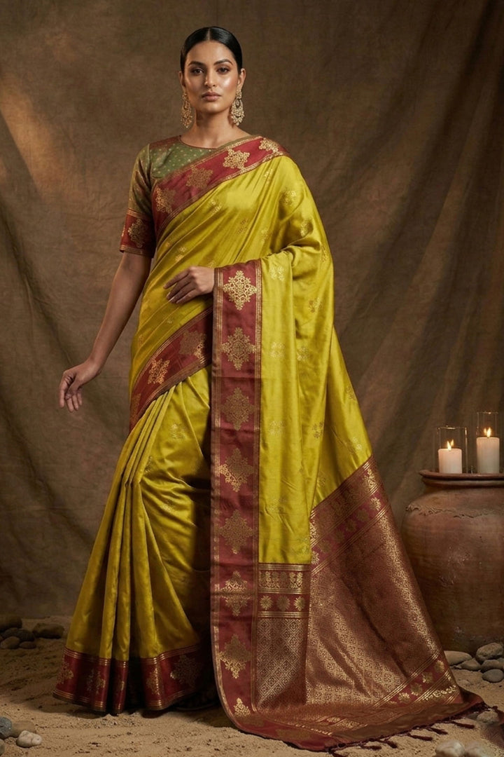Mustard Weaving Work Banarasi Soft Silk Saree | Buy Online India