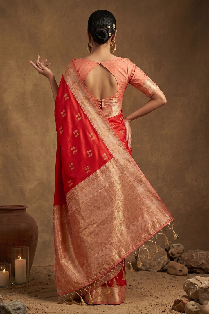 Attractive Red Banarasi Soft Silk Weaving Work Saree | Buy Online India