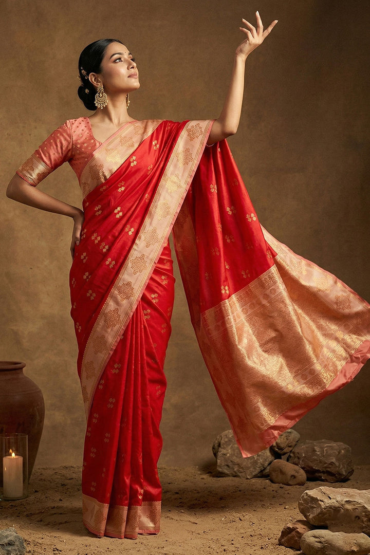 Attractive Red Banarasi Soft Silk Weaving Work Saree | Buy Online India