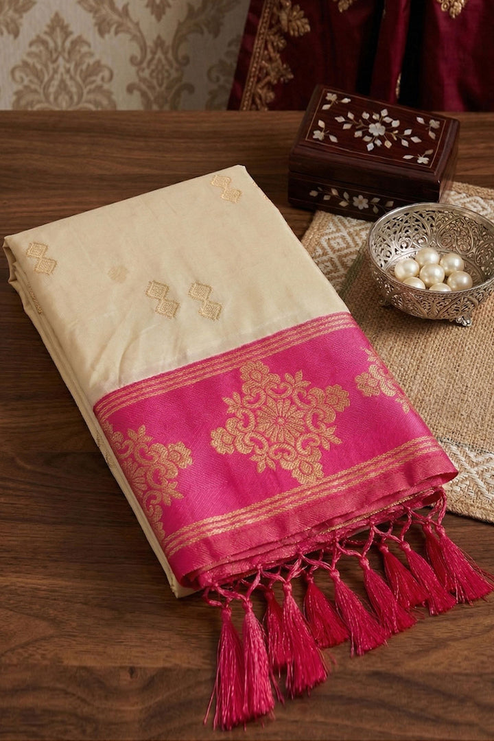 Weaving Work On Cream Color Amazing Banarasi Soft Silk Saree | Buy Online India