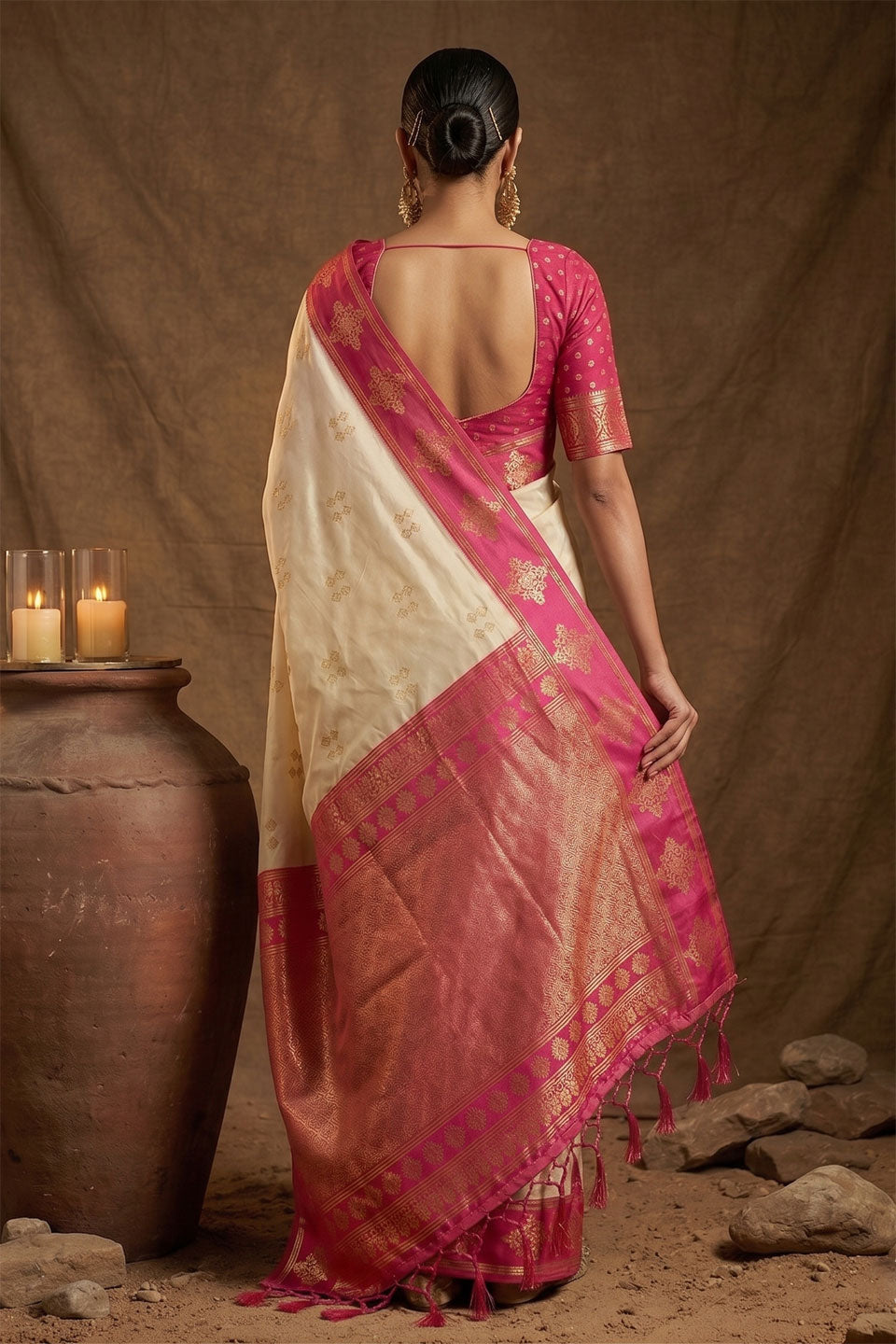 Weaving Work On Cream Color Amazing Banarasi Soft Silk Saree | Buy Online India