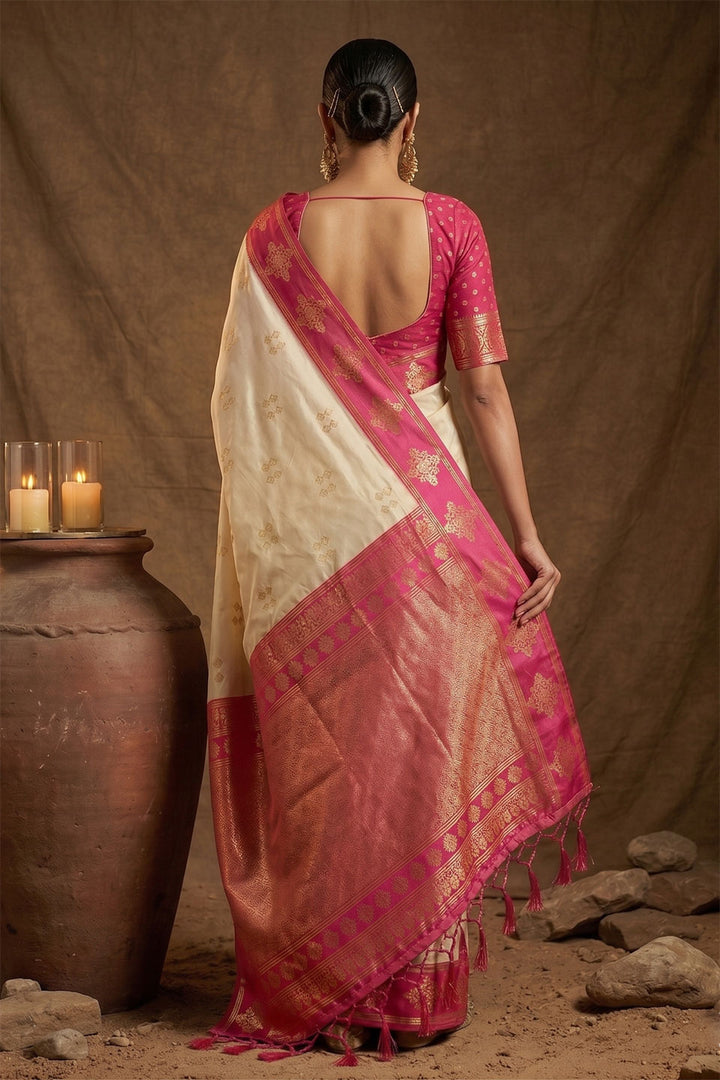 Weaving Work On Cream Color Amazing Banarasi Soft Silk Saree | Buy Online India