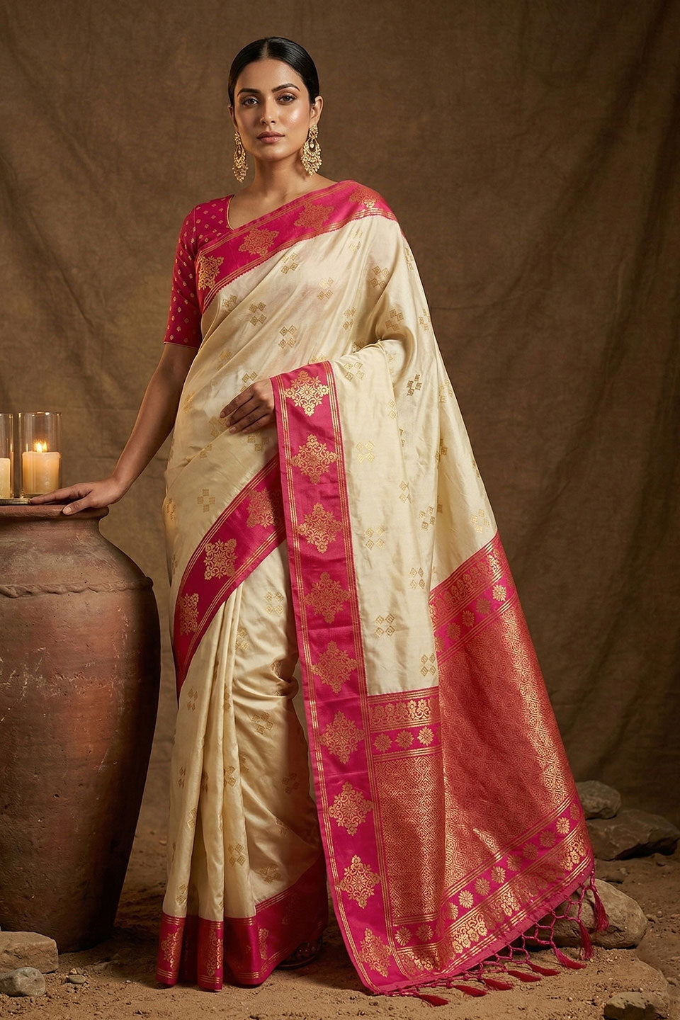 Weaving Work On Cream Color Amazing Banarasi Soft Silk Saree | Buy Online India