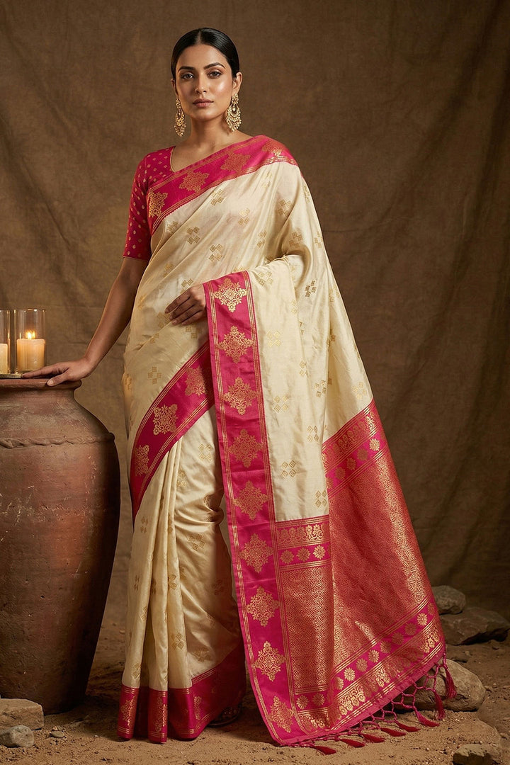 Weaving Work On Cream Color Amazing Banarasi Soft Silk Saree | Buy Online India