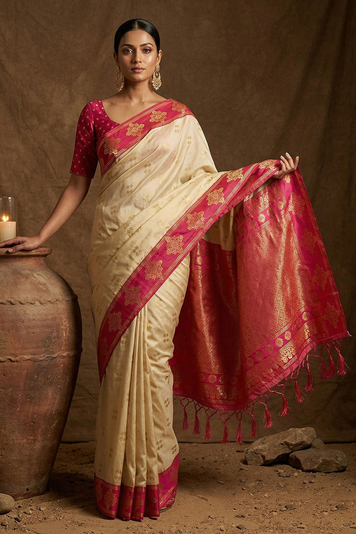 Weaving Work On Cream Color Amazing Banarasi Soft Silk Saree | Buy Online India