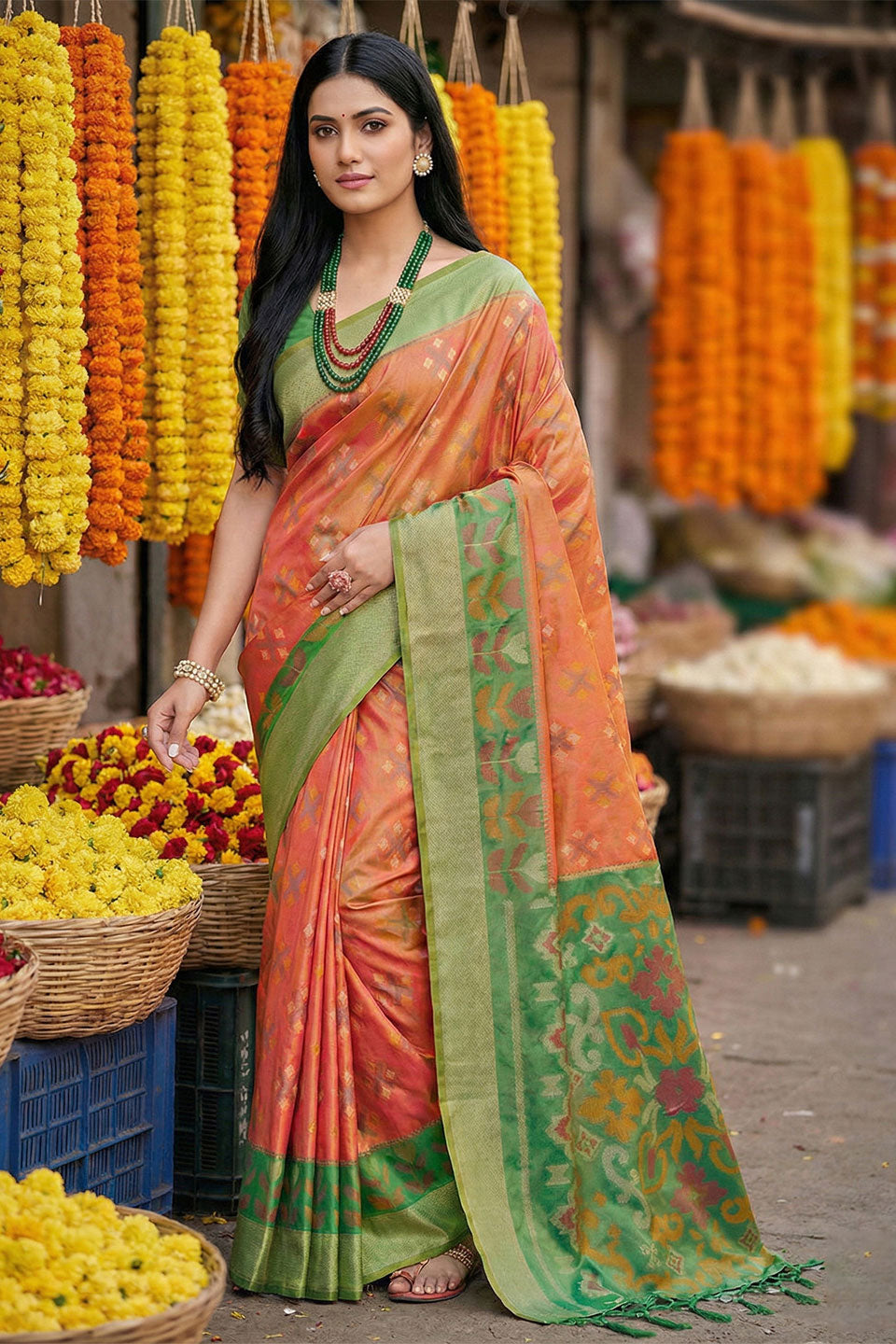 Traditional Orange Color Pochampalli Silk Saree