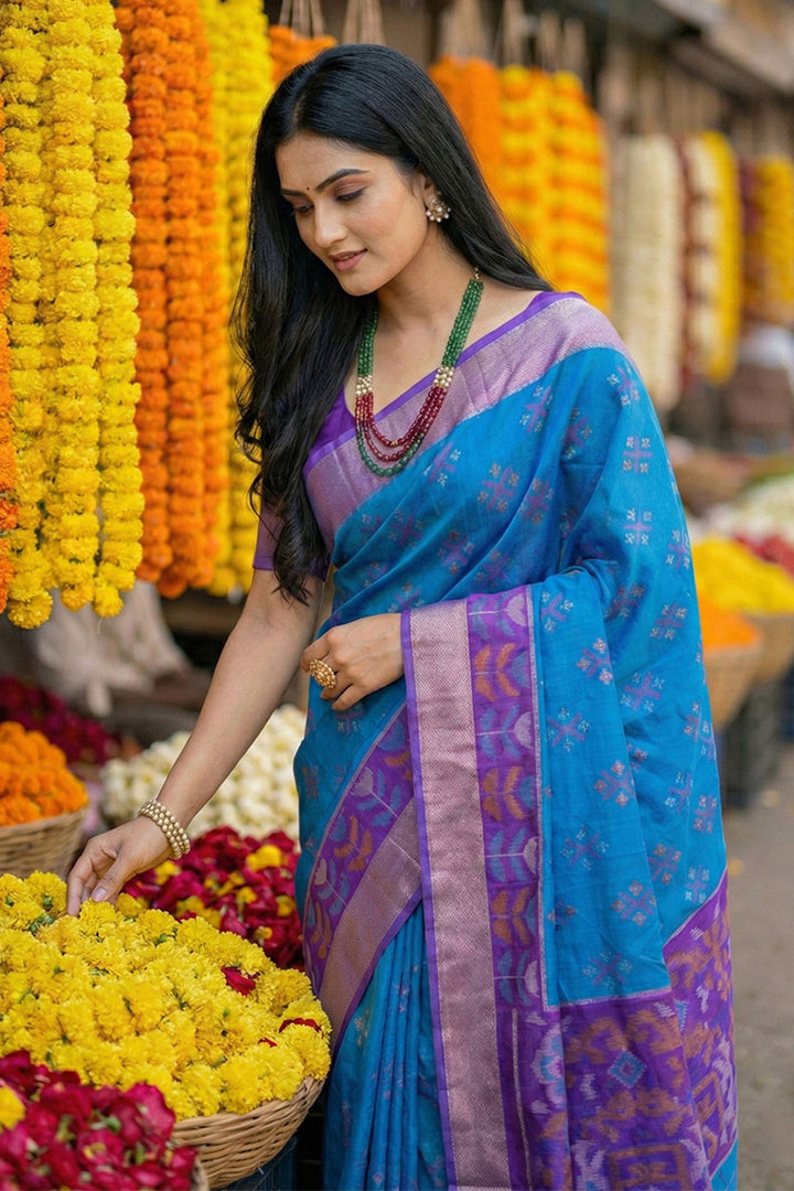 Blue Color Festive Wear Pochampalli Silk Saree