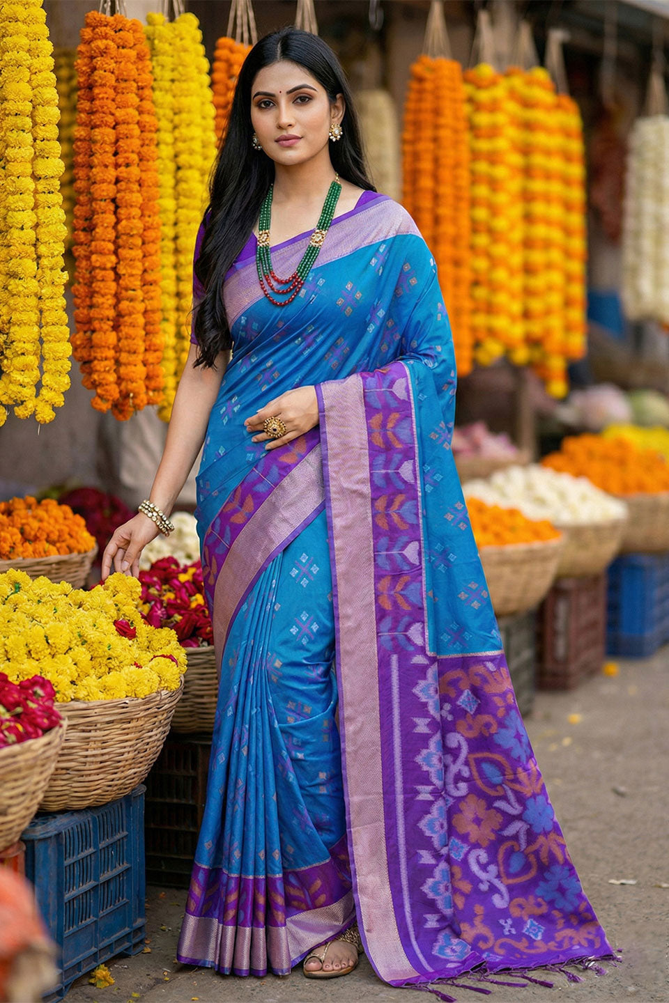 Blue Color Festive Wear Pochampalli Silk Saree