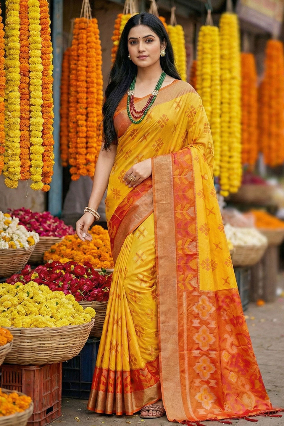 Festive Wear Yellow Color Pochampalli Silk Saree