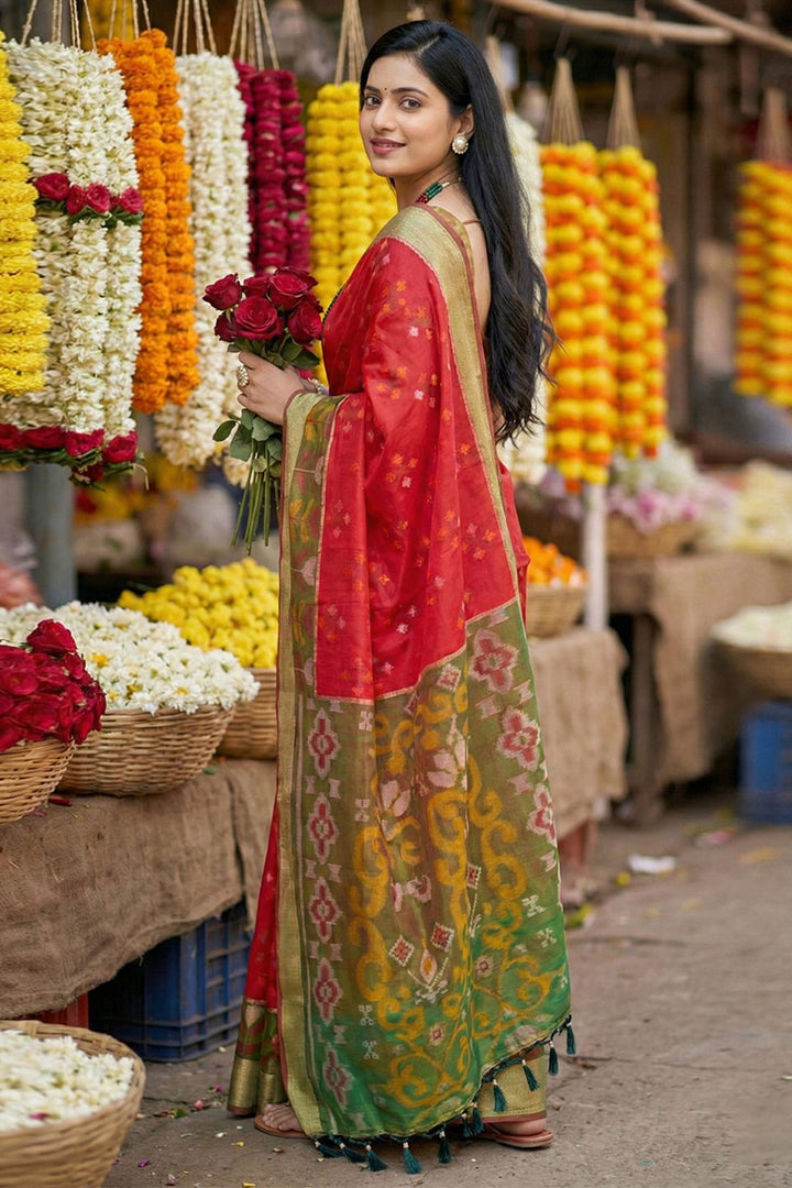 Red Color Pochampalli Silk Saree For Festive