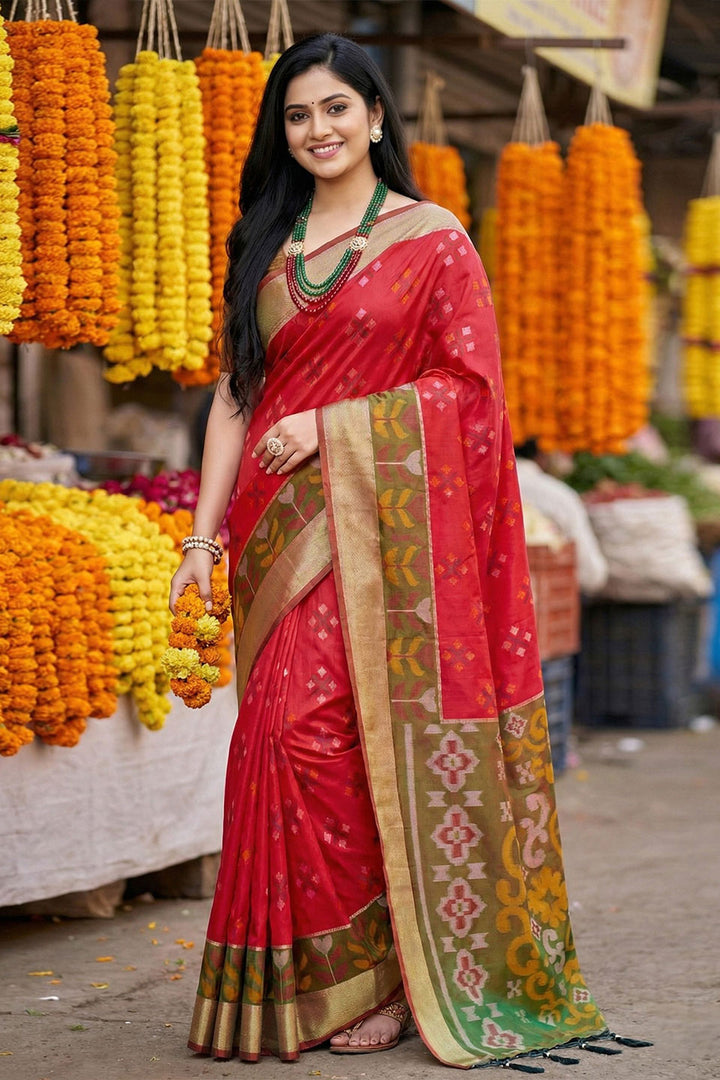 Red Color Pochampalli Silk Saree For Festive