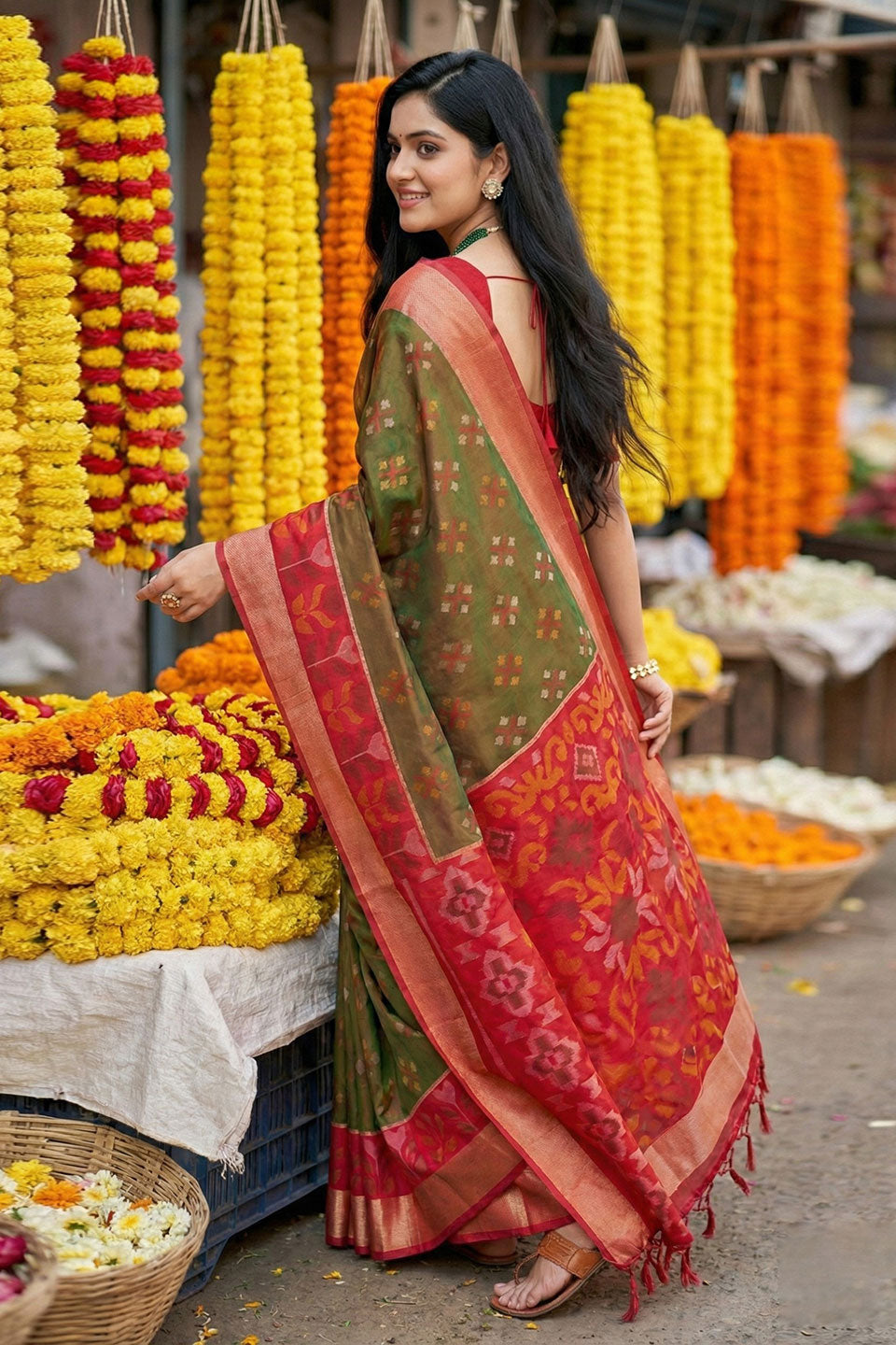 Brown Color Pochampalli Silk Saree For Festive