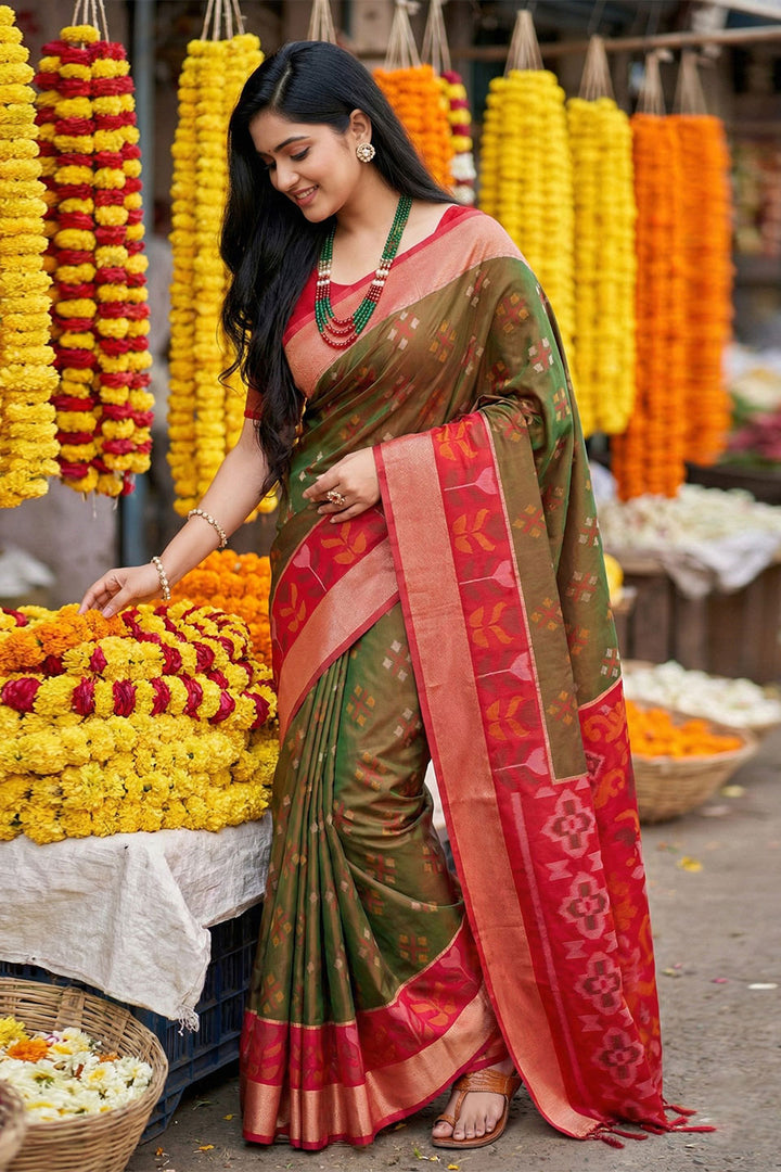 Brown Color Pochampalli Silk Saree For Festive
