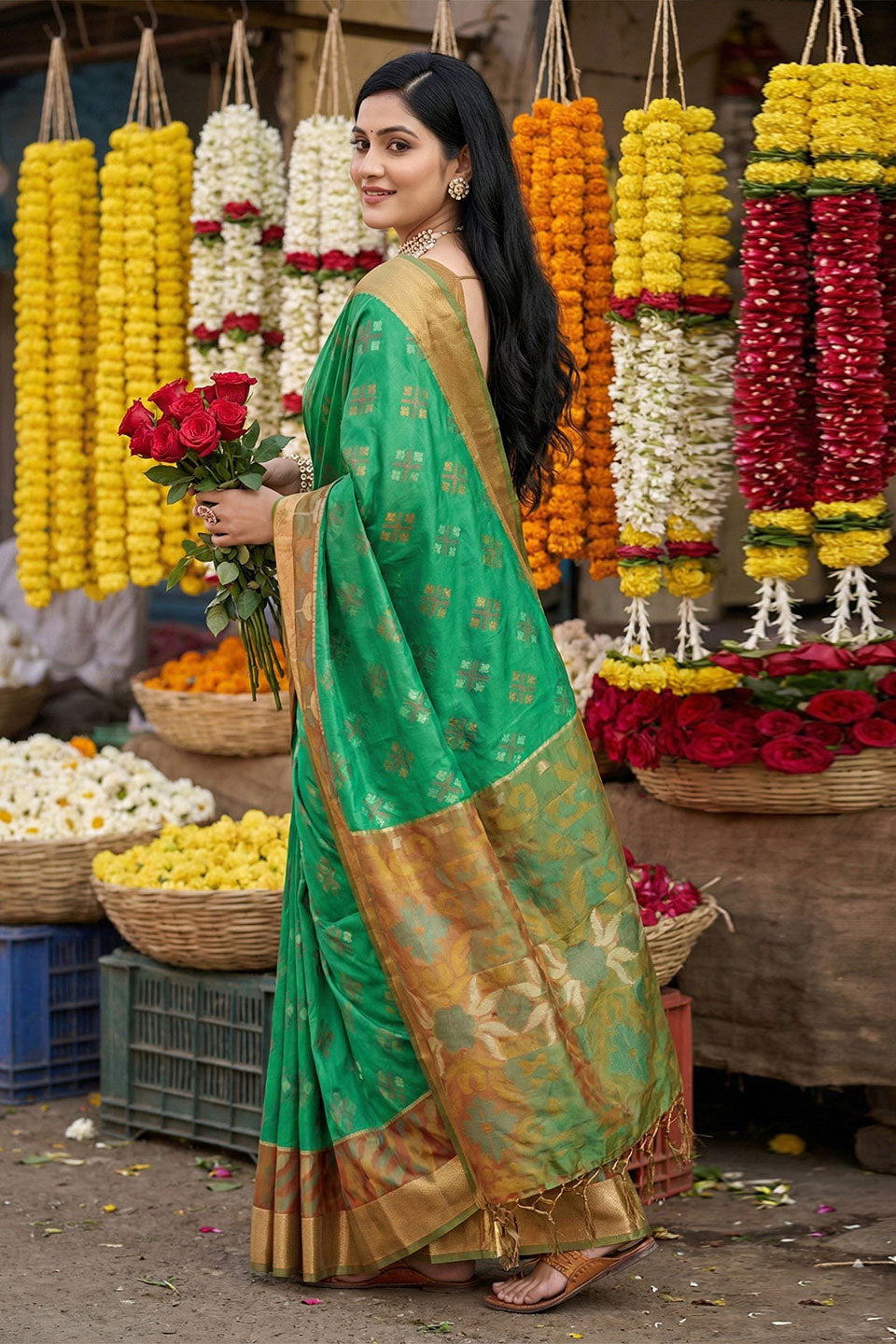 Green Color Pochampalli Silk Saree For Festive