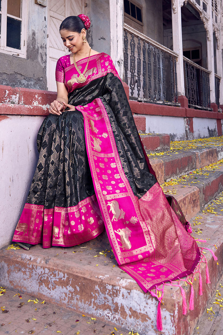 Soft Silk Black Stylish Look Banarasi Style Saree | Buy Online India