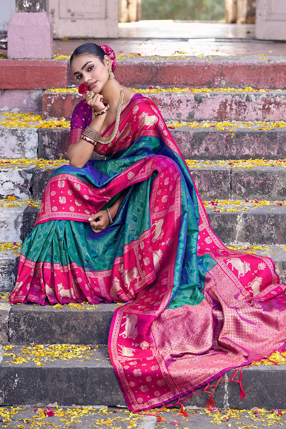 Soft Silk Teal Color Beatific Look Banarasi Style Saree | Buy Online India