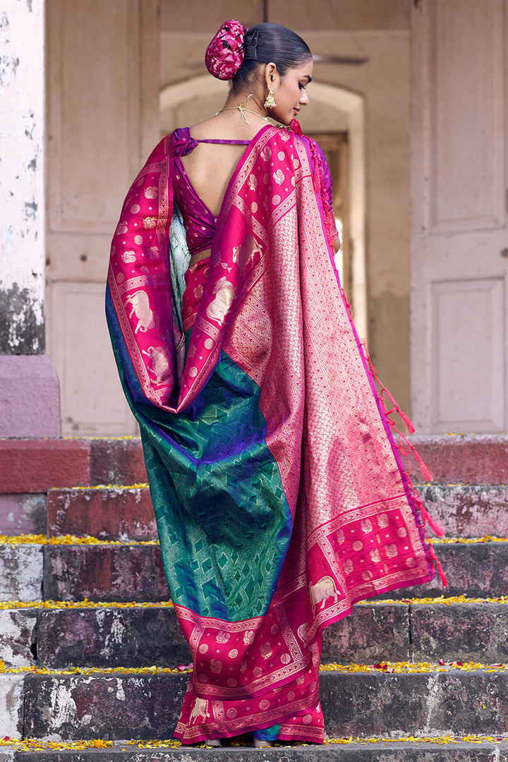 Soft Silk Teal Color Beatific Look Banarasi Style Saree | Buy Online India