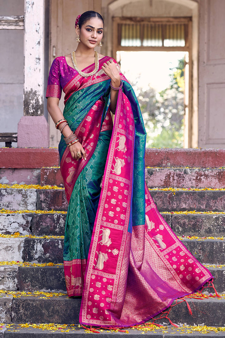 Soft Silk Teal Color Beatific Look Banarasi Style Saree | Buy Online India