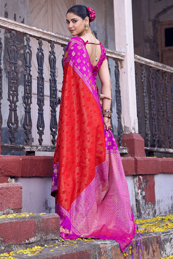 Red Soft Silk Glamorous Look Banarasi Style Saree | Buy Online India