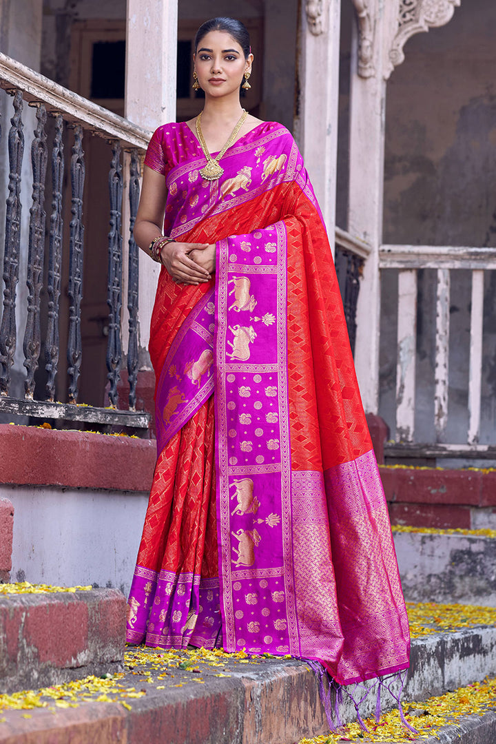 Red Soft Silk Glamorous Look Banarasi Style Saree | Buy Online India