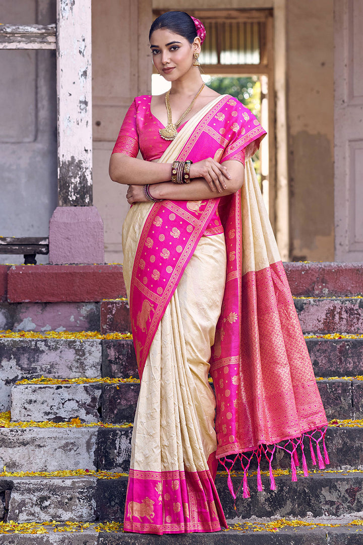 Soft Silk Cream Color Gorgeous Look Banarasi Style Saree