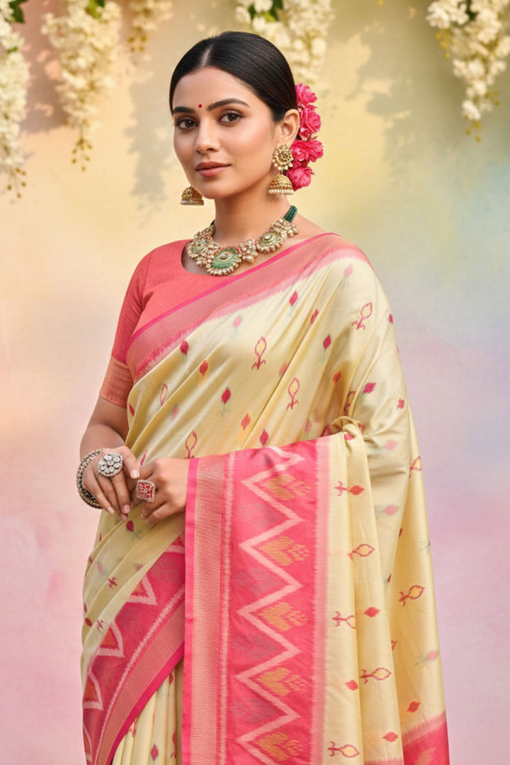 Cream Color Printed Work On Beatific Soft Silk Saree | Buy Online India