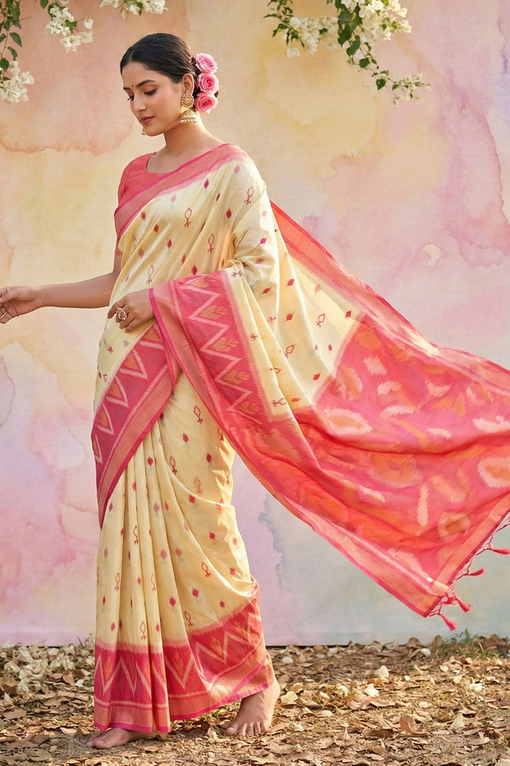 Cream Color Printed Work On Beatific Soft Silk Saree | Buy Online India