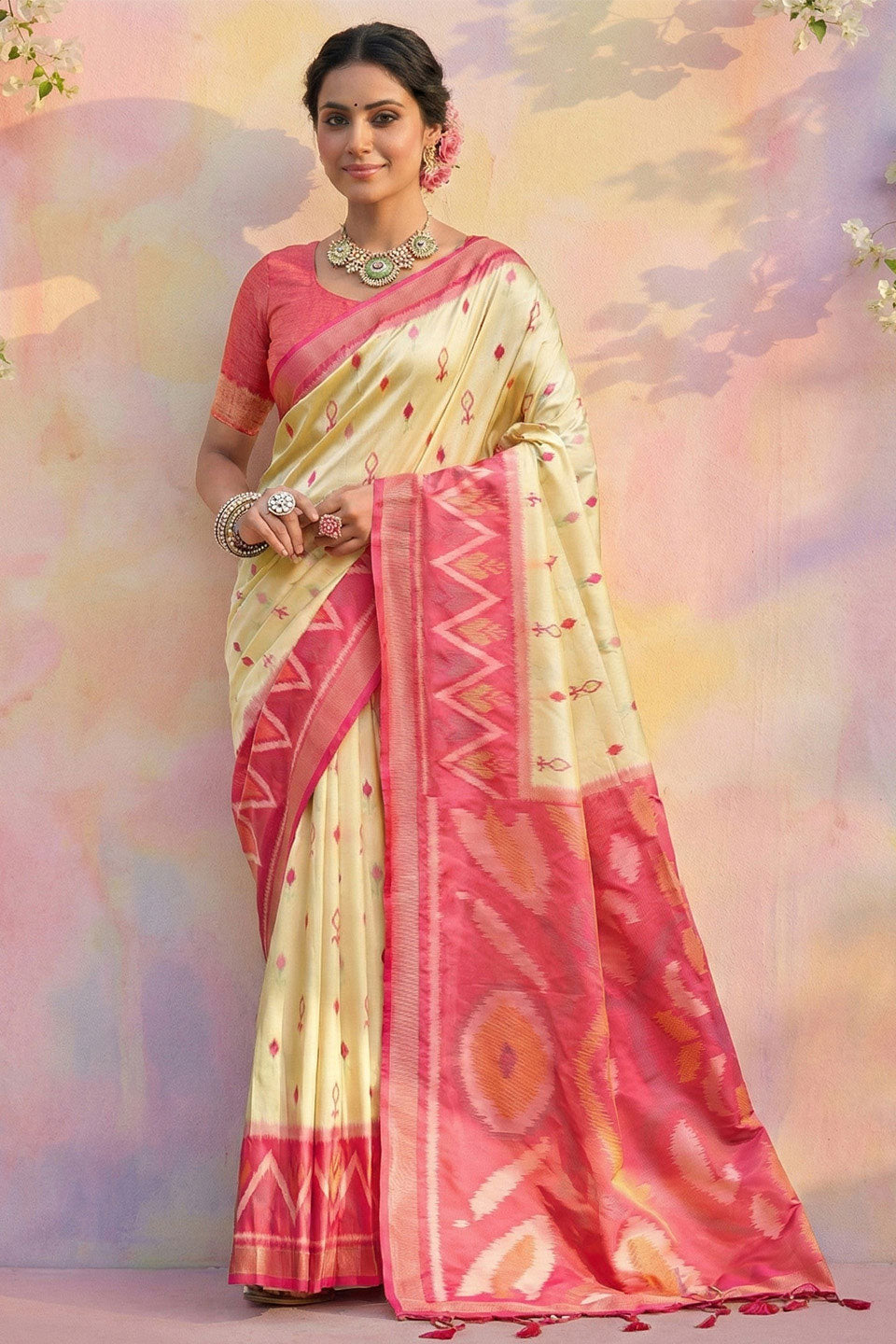 Cream Color Printed Work On Beatific Soft Silk Saree | Buy Online India