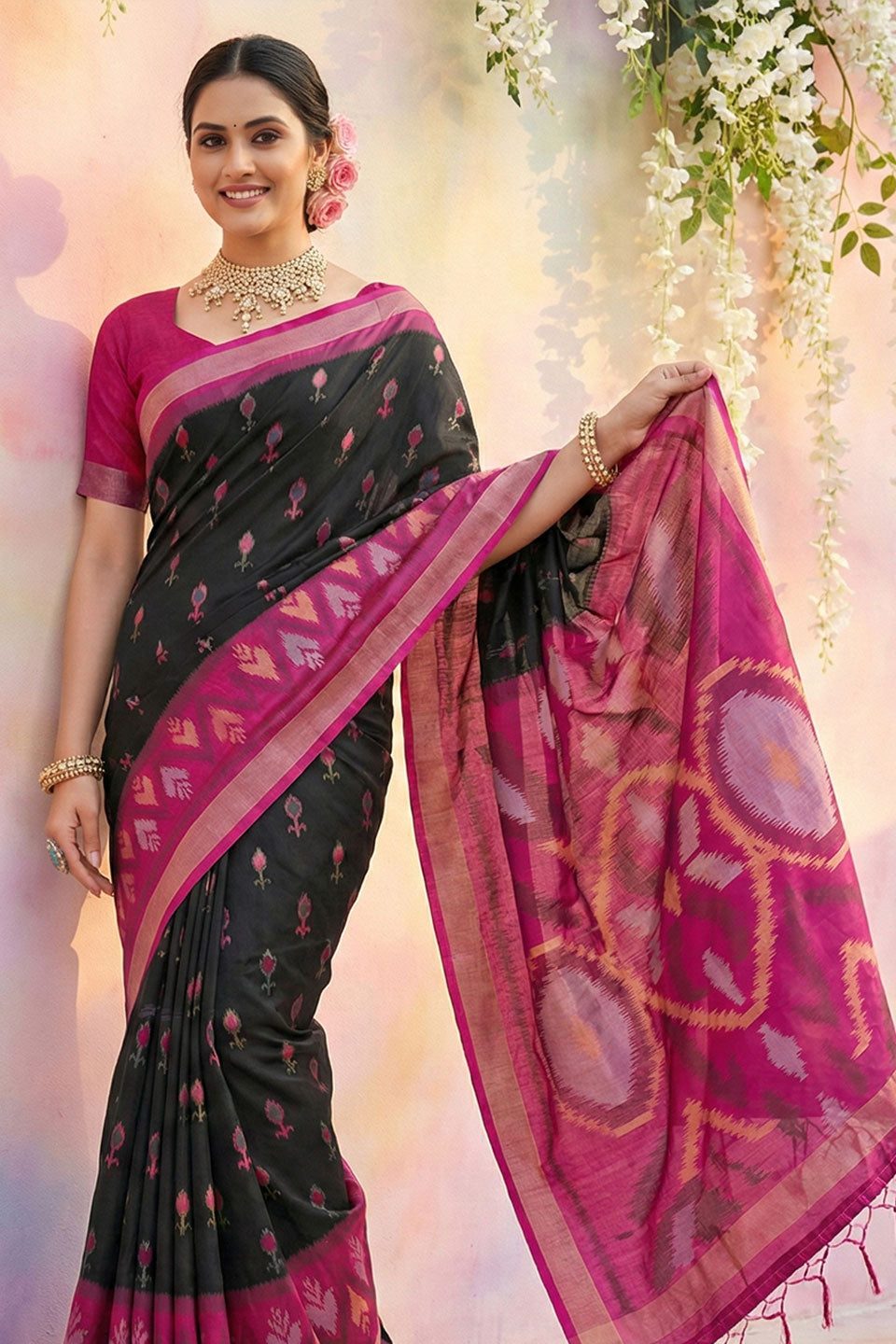 Awesome Printed Work On Black Soft Silk Saree | Buy Online India