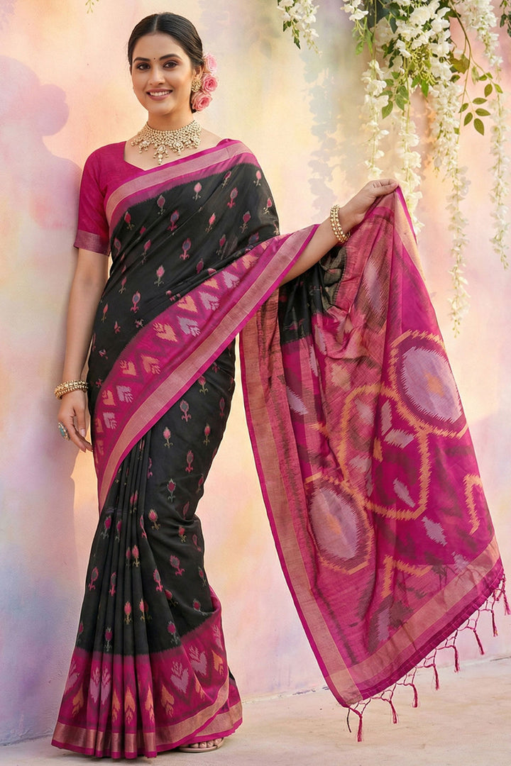 Awesome Printed Work On Black Soft Silk Saree | Buy Online India
