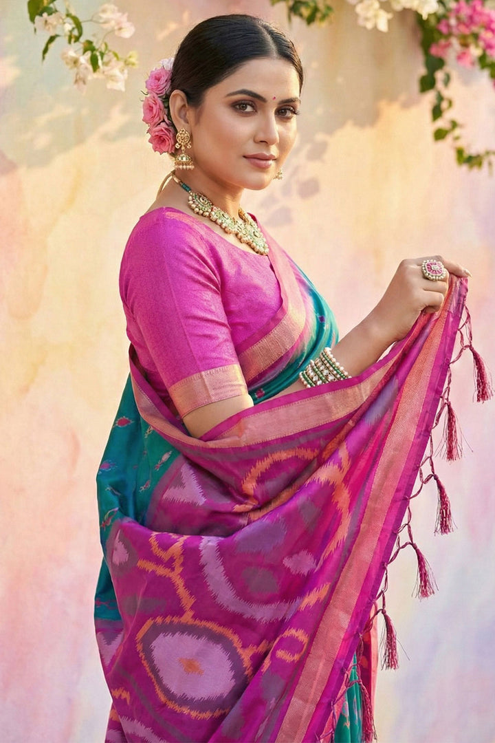 Engaging Teal Color Soft Silk Saree With Printed Work | Buy Online India