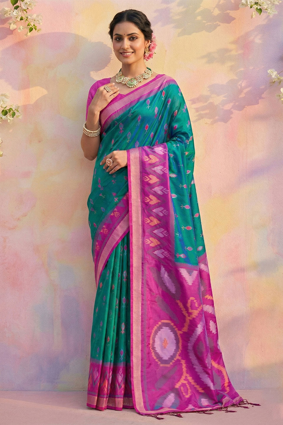 Engaging Teal Color Soft Silk Saree With Printed Work | Buy Online India