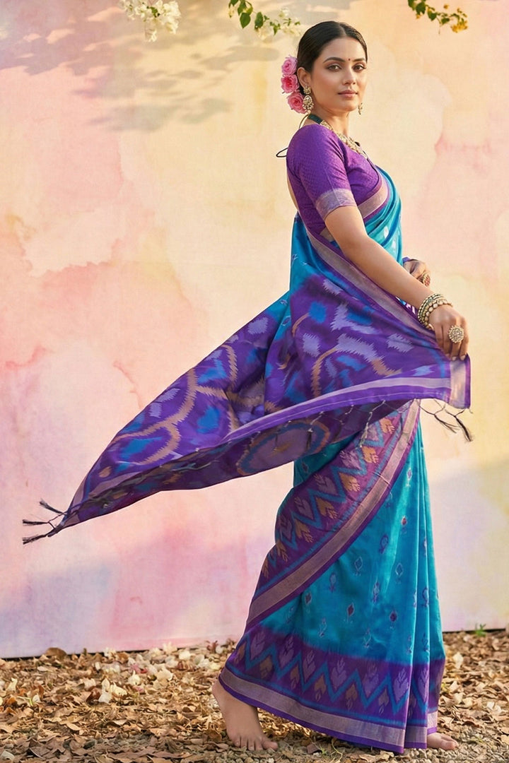 Printed Work On Glamorous Soft Silk Saree In Sky Blue Color | Buy Online India