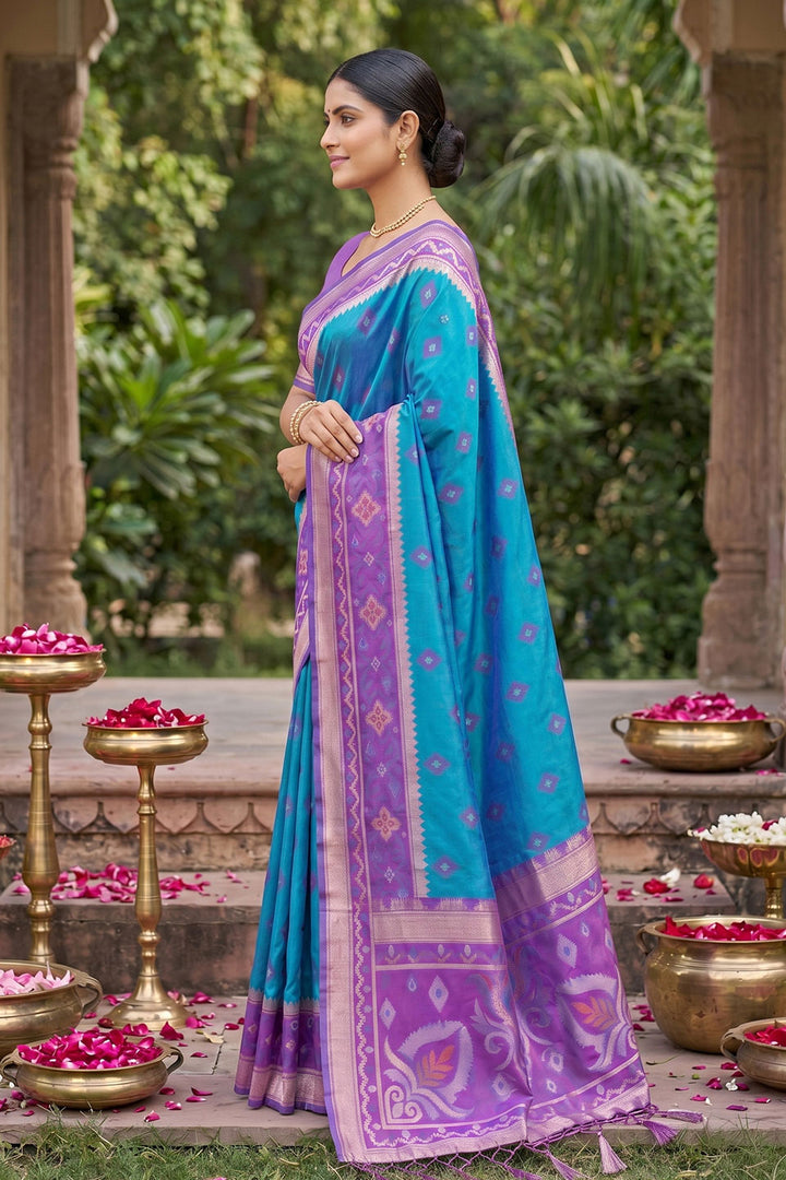 Soft Silk Festive Style Cyan Color Weaving Design Saree | Buy Online India