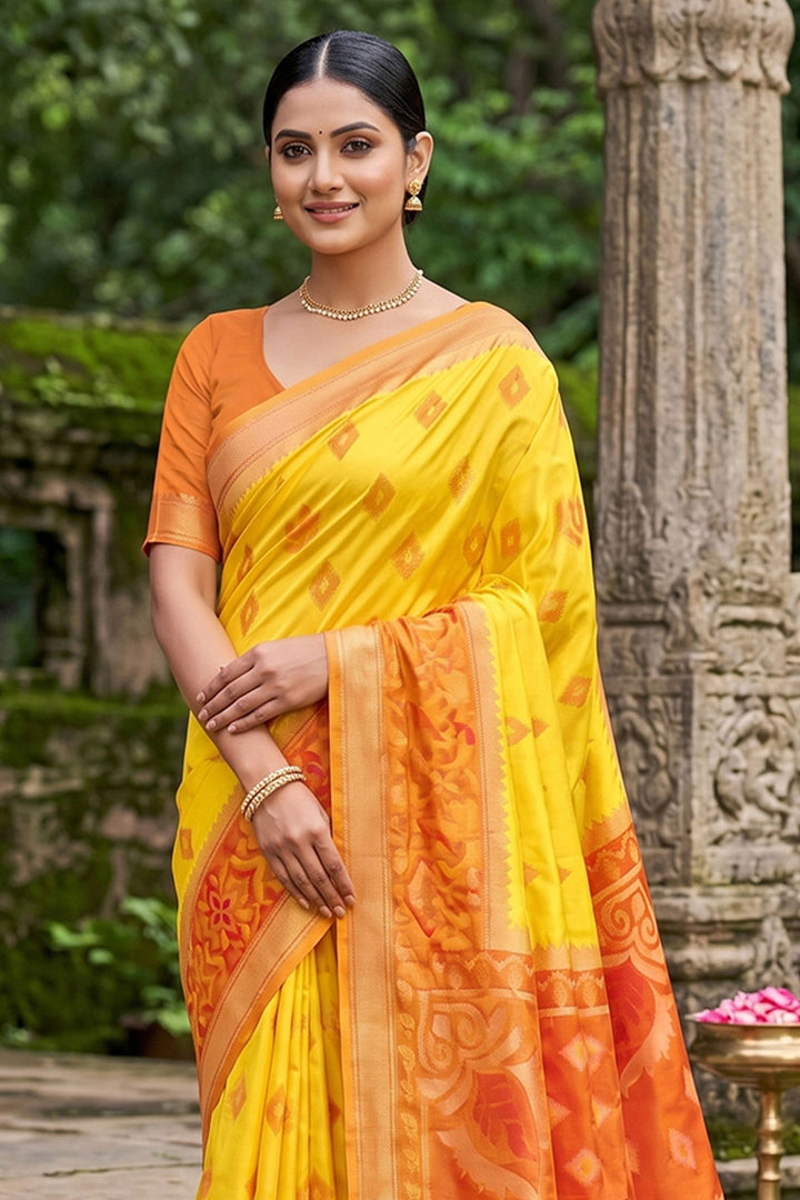 Creative Weaving Design Soft Silk Saree In Yellow Color | Buy Online India