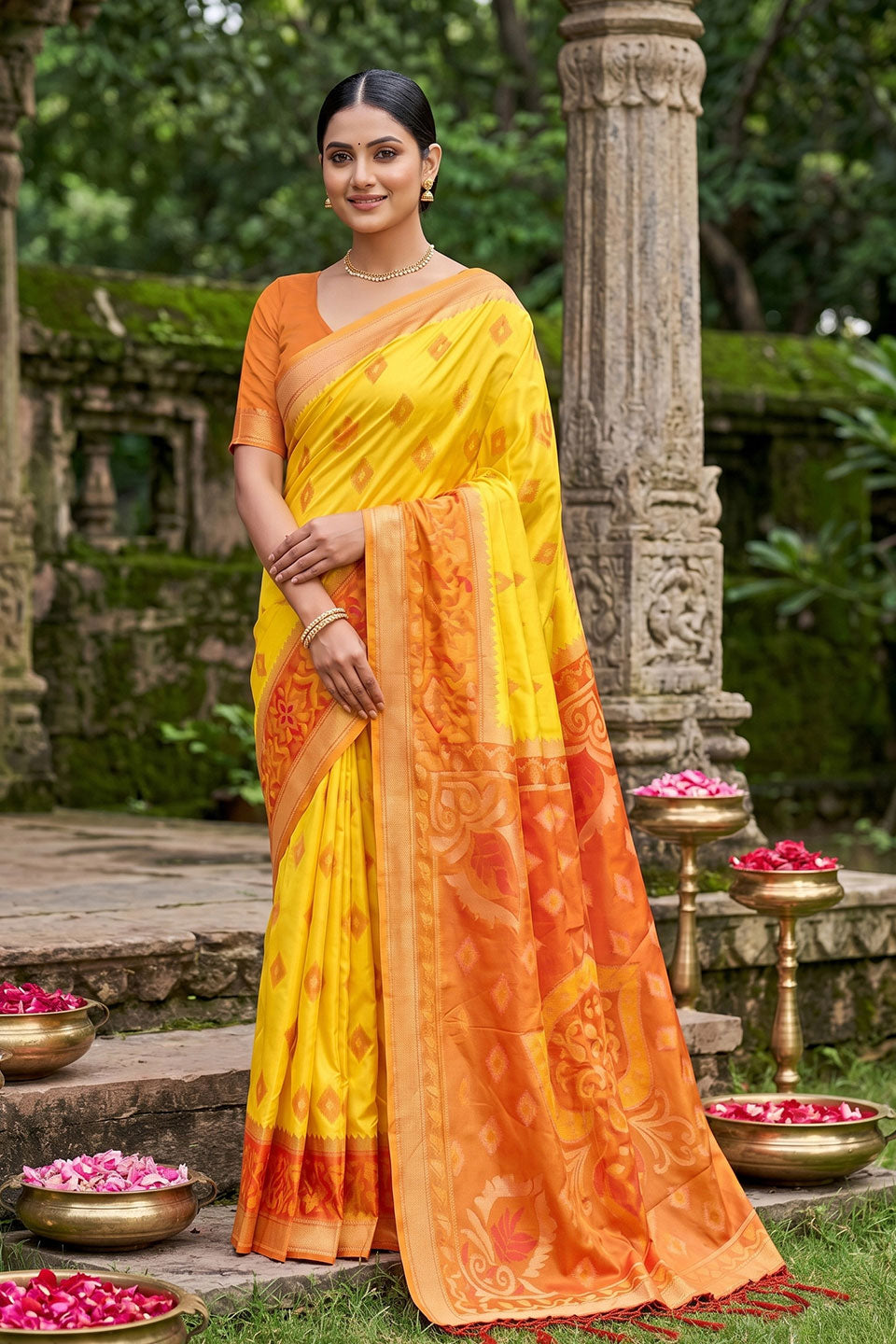Creative Weaving Design Soft Silk Saree In Yellow Color | Buy Online India