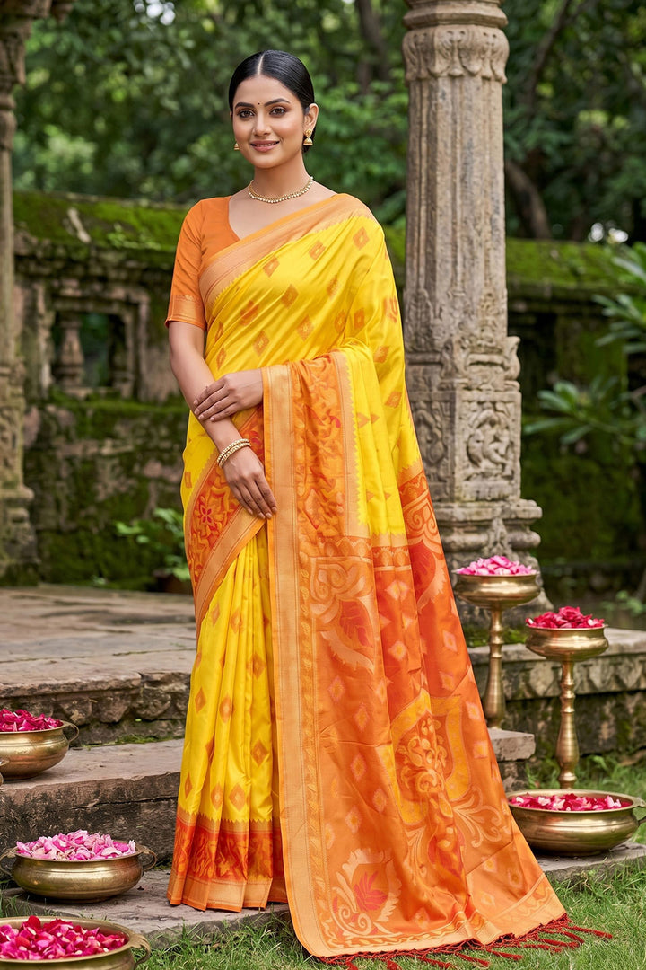 Creative Weaving Design Soft Silk Saree In Yellow Color | Buy Online India