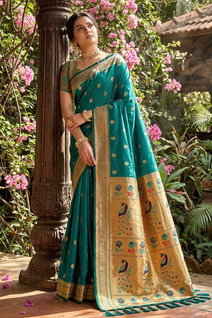 Soft Silk Sea Green Delicate Weaving Design Saree | Buy Online India